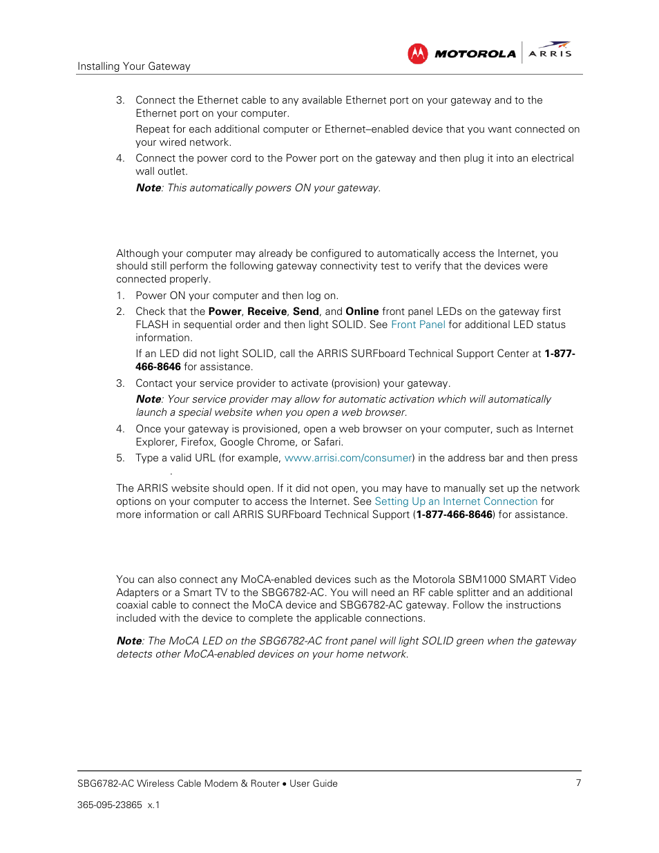 Test the gateway connections, Connect your moca-enabled devices | ARRIS SBG6782 AC User Guide User Manual | Page 16 / 55