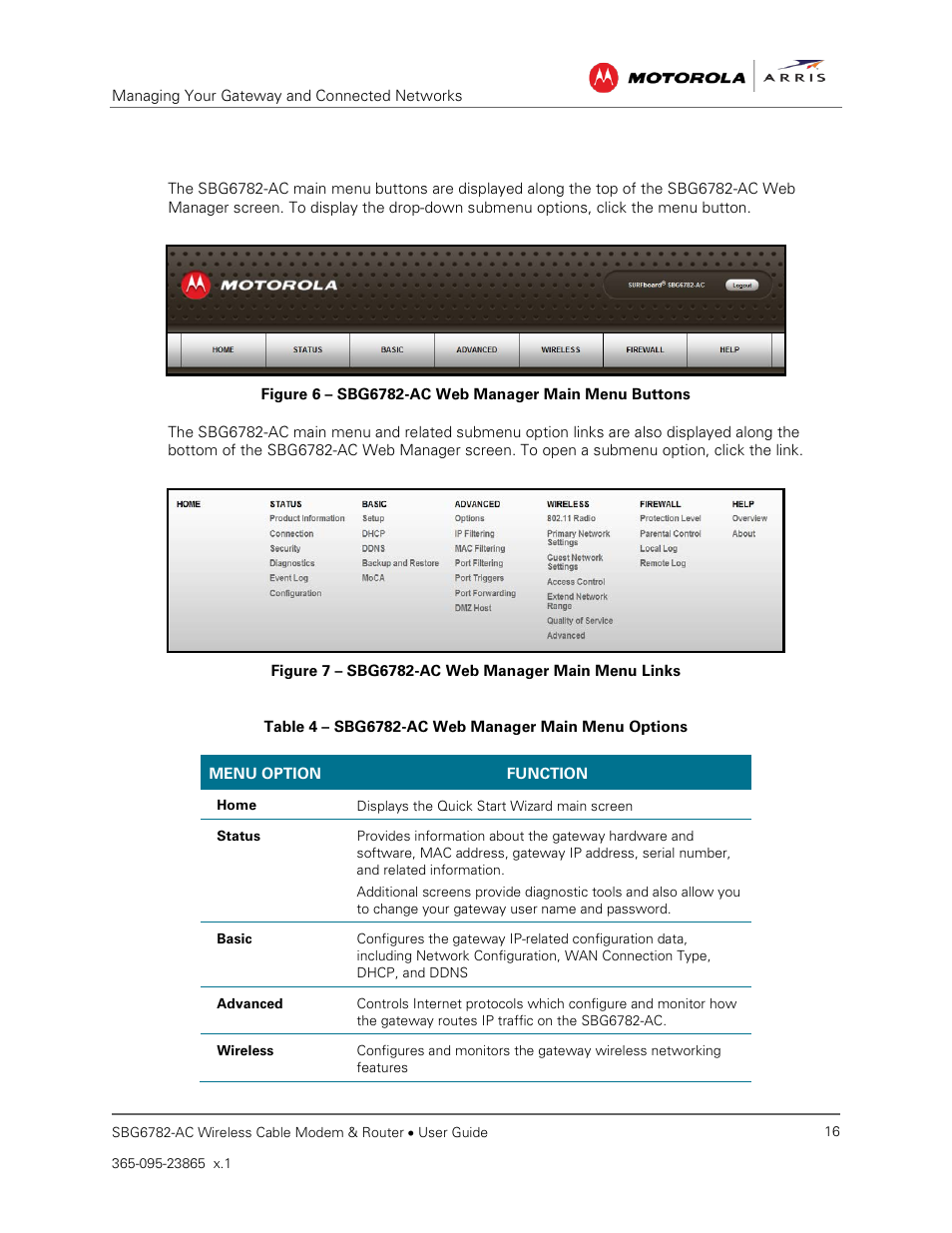 Gateway web manager menu options, Table 4 – sbg6782-ac web manager main menu options, Figure 7 – sbg6782-ac web manager main menu links | ARRIS SBG6782 AC User Guide User Manual | Page 25 / 55