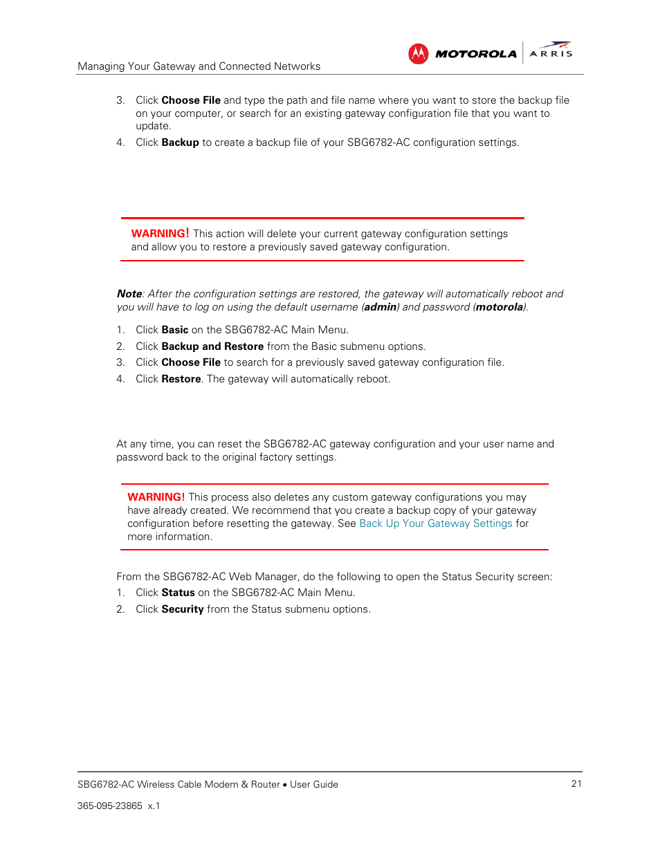 Restore your gateway settings, Reset to factory defaults | ARRIS SBG6782 AC User Guide User Manual | Page 30 / 55