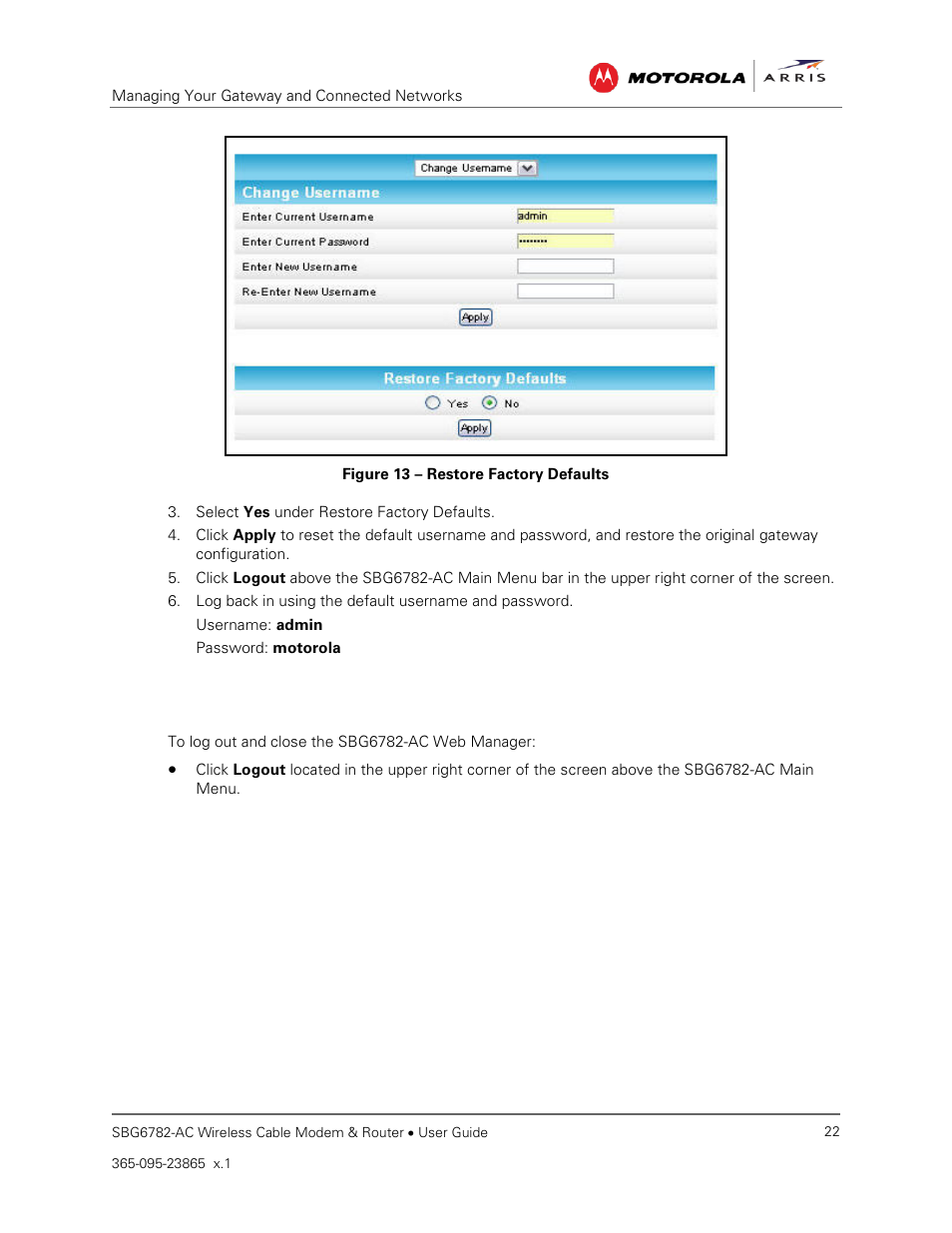 Exit the sbg6782-ac web manager, Figure 13 – restore factory defaults | ARRIS SBG6782 AC User Guide User Manual | Page 31 / 55