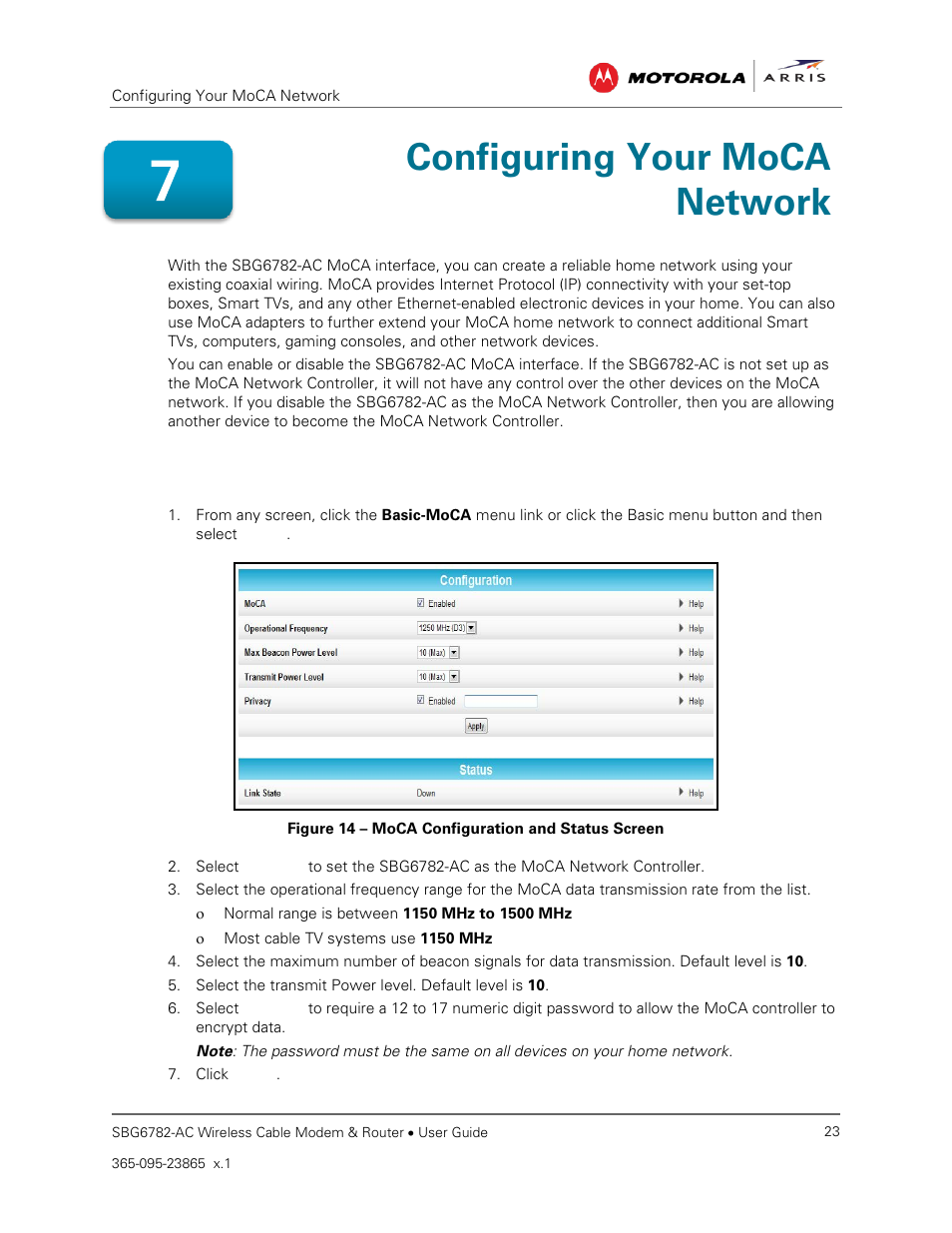 Set up your moca network, Configuring your moca network, Figure 14 – moca configuration and status screen | ARRIS SBG6782 AC User Guide User Manual | Page 32 / 55