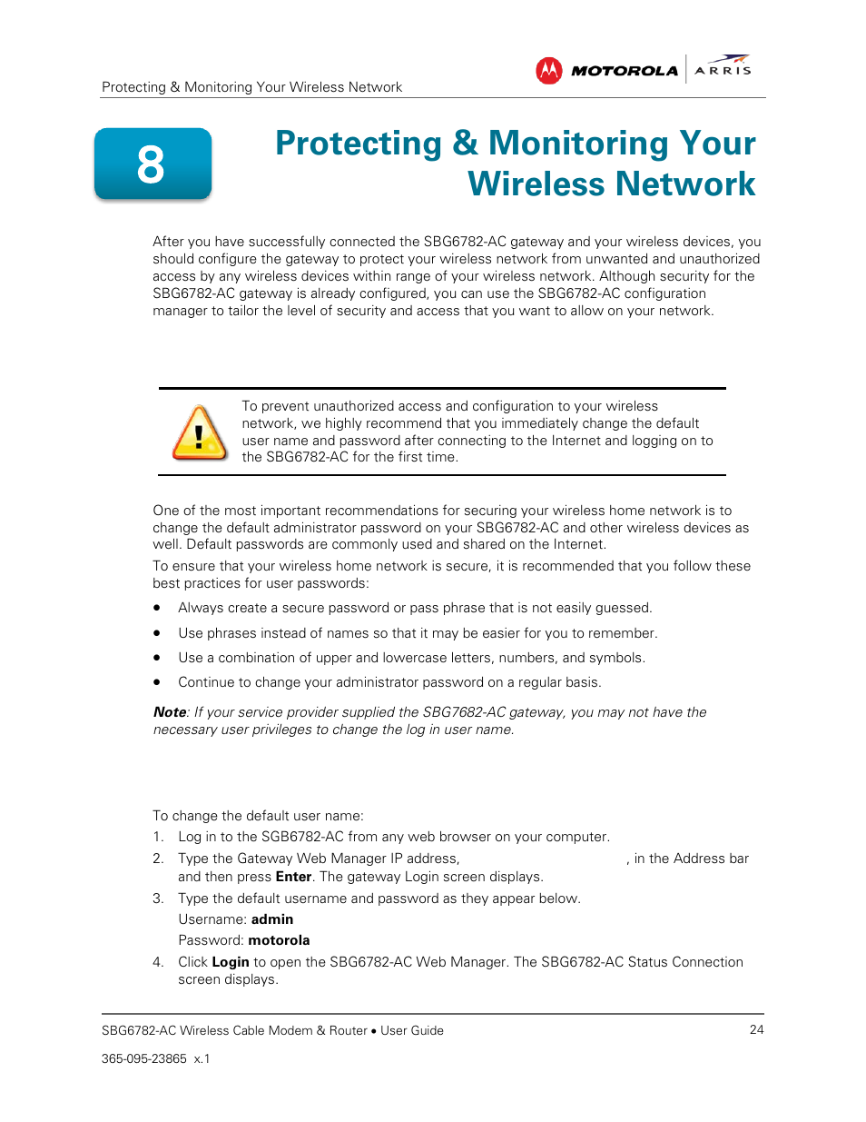 Prevent unauthorized access, Change the default user name and password, Protecting & monitoring your wireless network | ARRIS SBG6782 AC User Guide User Manual | Page 33 / 55