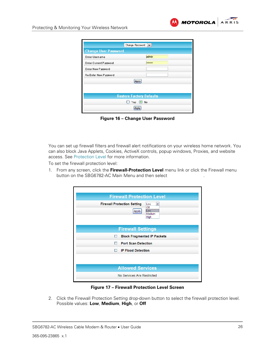 Set up firewall protection, Figure 16 – change user password, Figure 17 – firewall protection level screen | ARRIS SBG6782 AC User Guide User Manual | Page 35 / 55