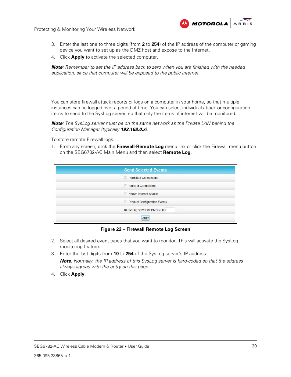 Store remote firewall logs, Figure 22 – firewall remote log screen | ARRIS SBG6782 AC User Guide User Manual | Page 39 / 55