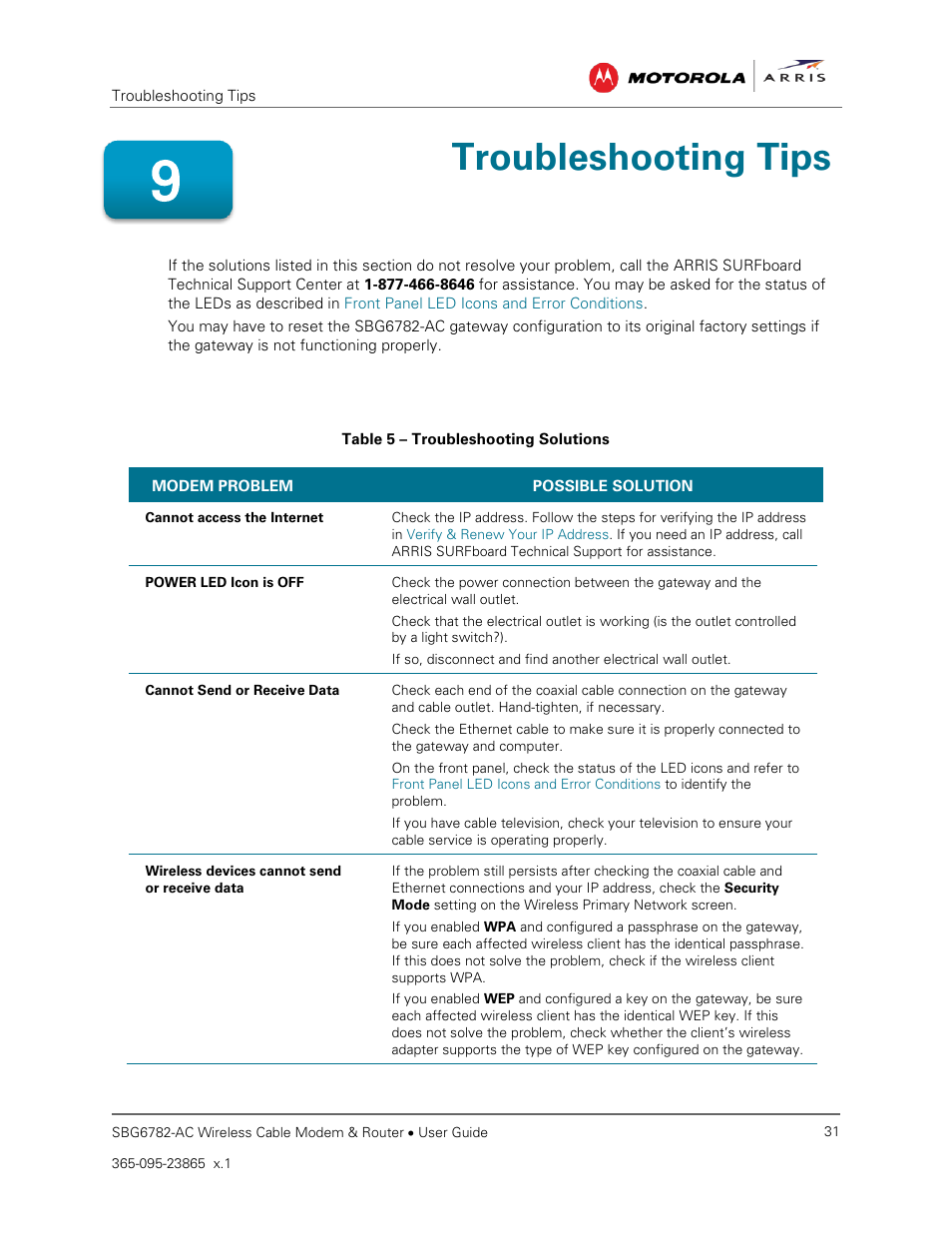 Solutions, Troubleshooting tips, Table 5 – troubleshooting solutions | ARRIS SBG6782 AC User Guide User Manual | Page 40 / 55