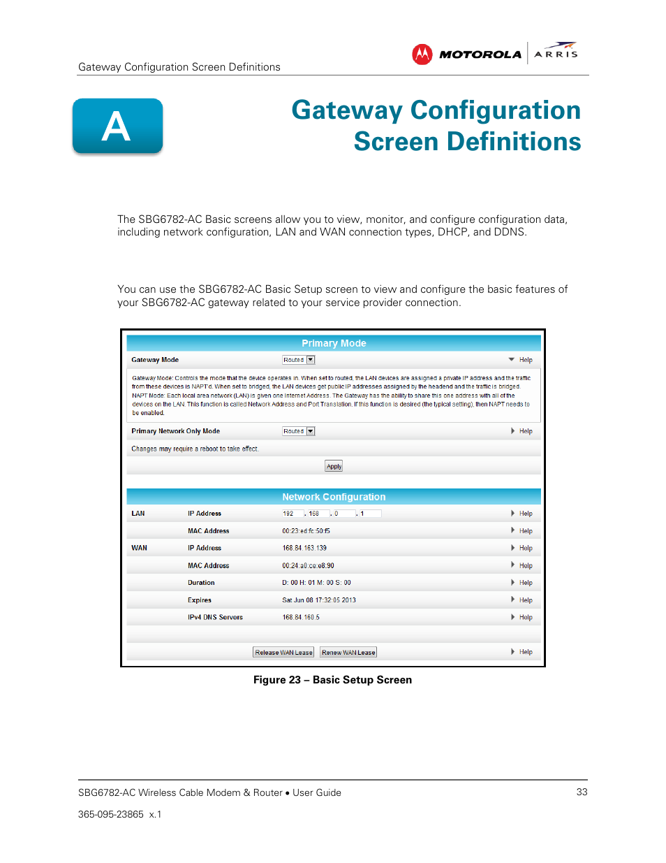 Basic screens, Setup, Gateway configuration screen definitions | Figure 23 – basic setup screen | ARRIS SBG6782 AC User Guide User Manual | Page 42 / 55