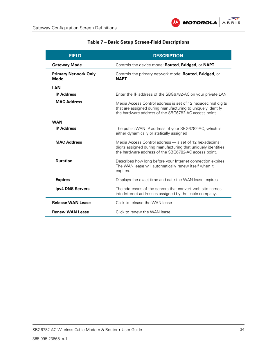 Table 7 – basic setup screen-field descriptions | ARRIS SBG6782 AC User Guide User Manual | Page 43 / 55