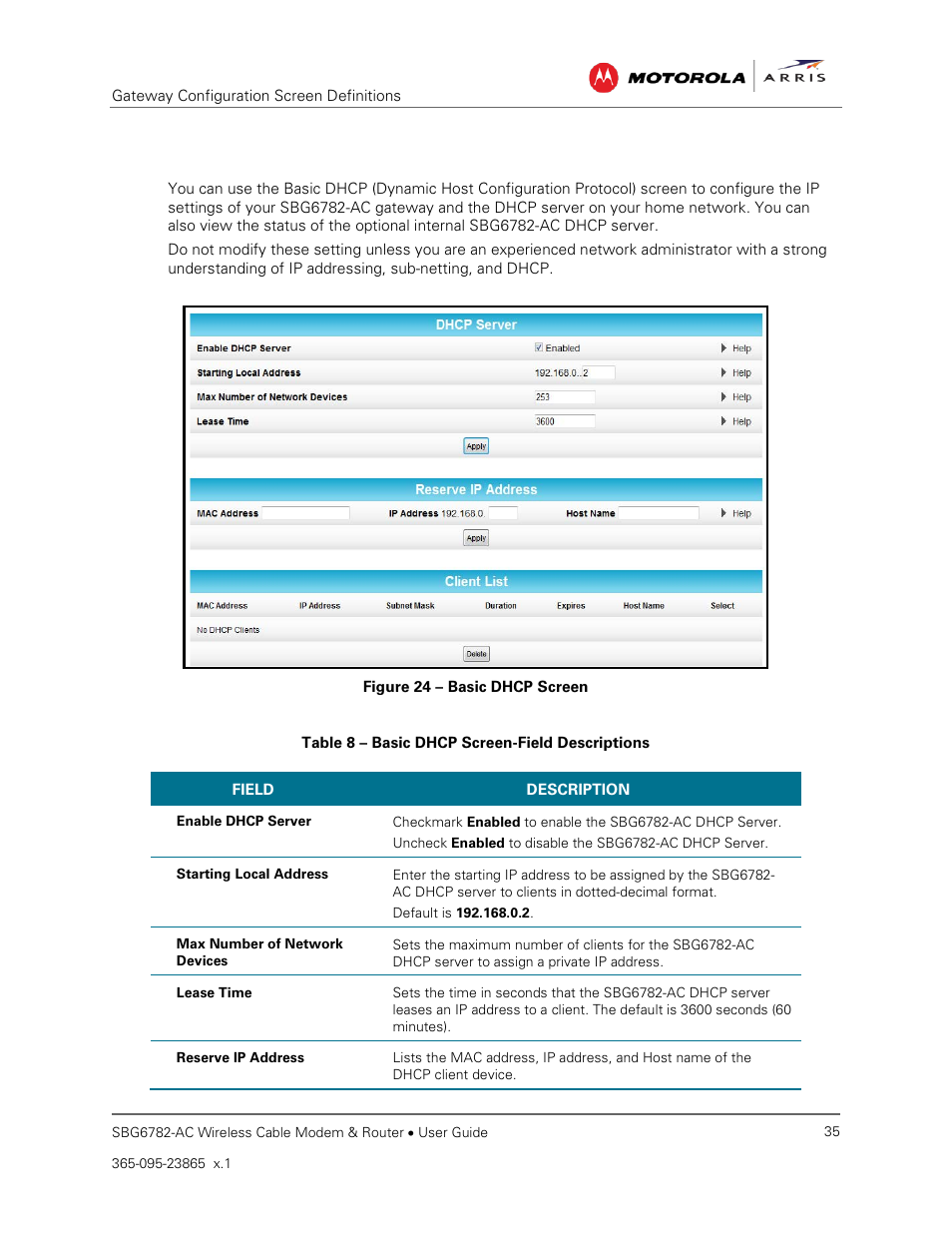 Dhcp, Table 8 – basic dhcp screen-field descriptions, Figure 24 – basic dhcp screen | ARRIS SBG6782 AC User Guide User Manual | Page 44 / 55