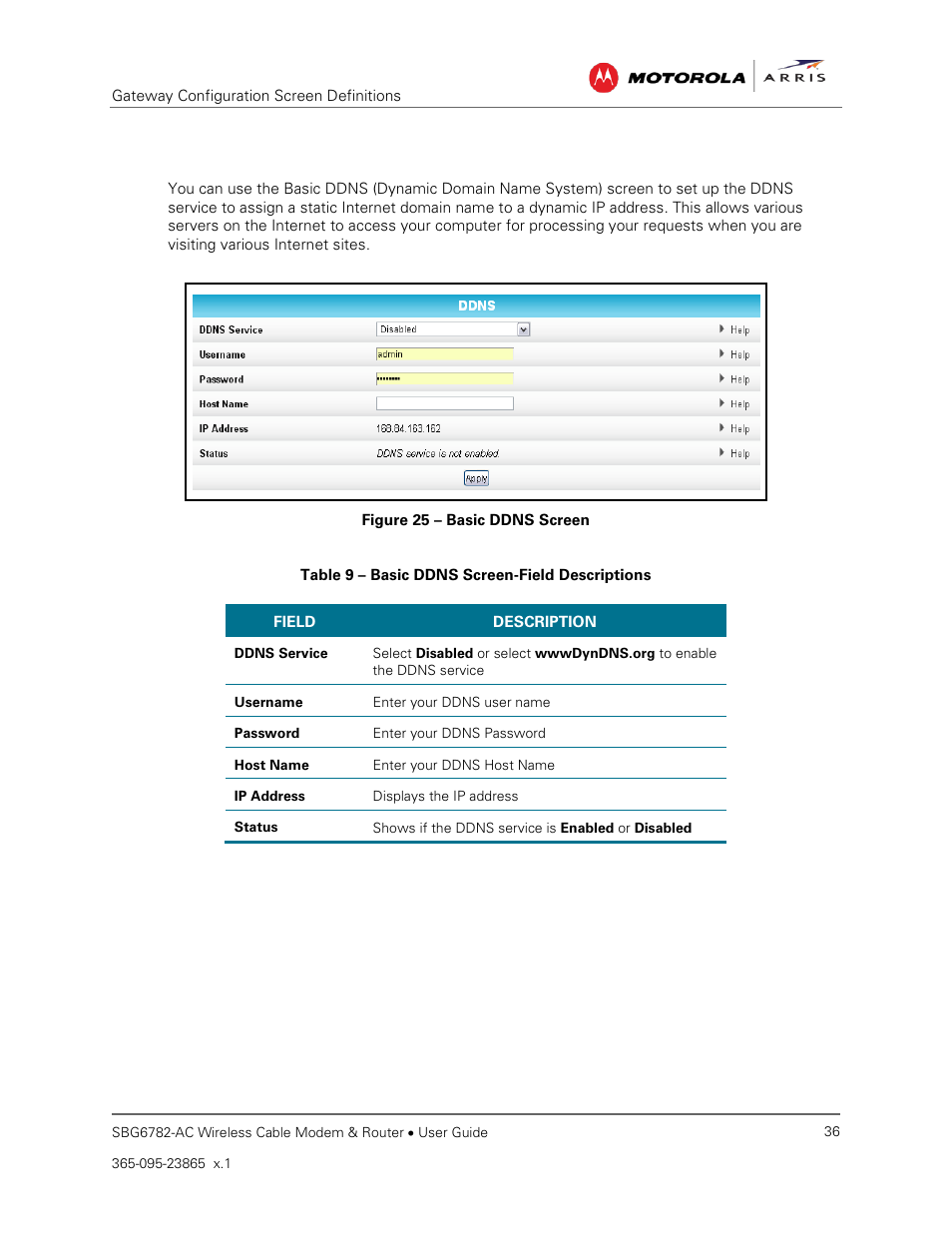 Ddns, Table 9 – basic ddns screen-field descriptions, Figure 25 – basic ddns screen | ARRIS SBG6782 AC User Guide User Manual | Page 45 / 55