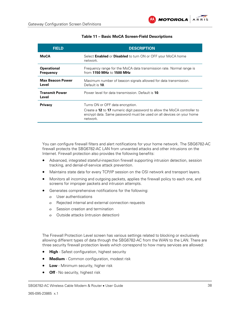 Firewall screens, Protection level, Table 11 – basic moca screen-field descriptions | ARRIS SBG6782 AC User Guide User Manual | Page 47 / 55