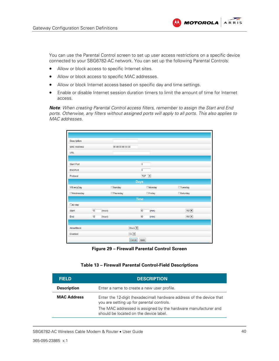 Parental control, Figure 29 – firewall parental control screen | ARRIS SBG6782 AC User Guide User Manual | Page 49 / 55