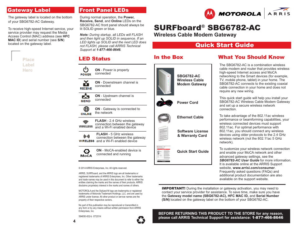 ARRIS SBG6782 AC Quick Start Guide User Manual | 2 pages