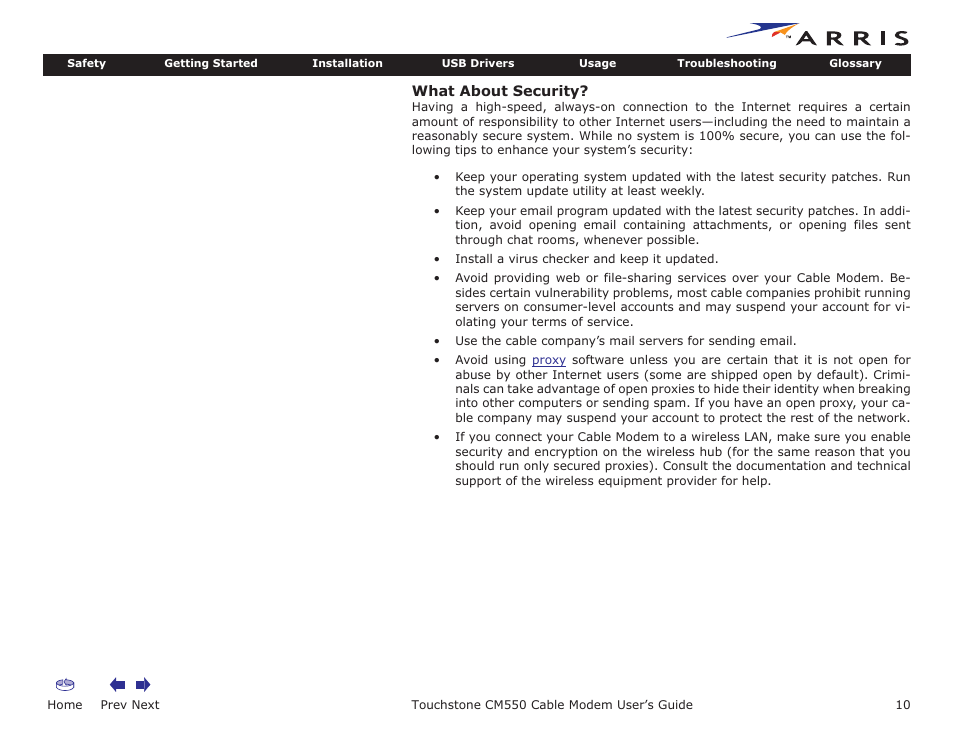 What about security, Home, Prev next | Touchstone cm550 cable modem user’s guide | ARRIS CM550 User Manual | Page 10 / 40