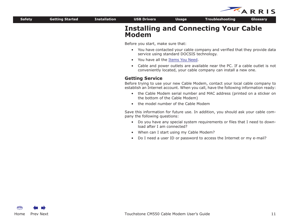 Installing and connecting your cable modem, Getting service, Installation | Home, Prev next, Touchstone cm550 cable modem user’s guide | ARRIS CM550 User Manual | Page 11 / 40