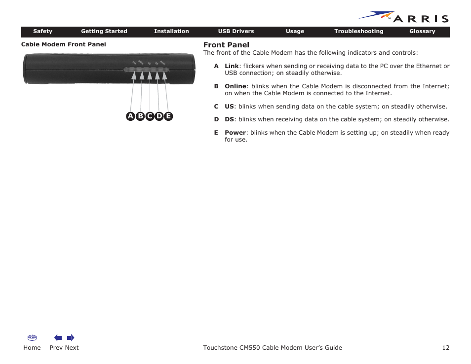 Front panel, Home, Prev next | Touchstone cm550 cable modem user’s guide | ARRIS CM550 User Manual | Page 12 / 40