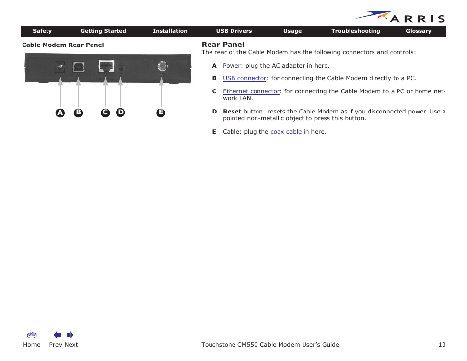 Rear panel, Home, Prev next | Touchstone cm550 cable modem user’s guide | ARRIS CM550 User Manual | Page 13 / 40