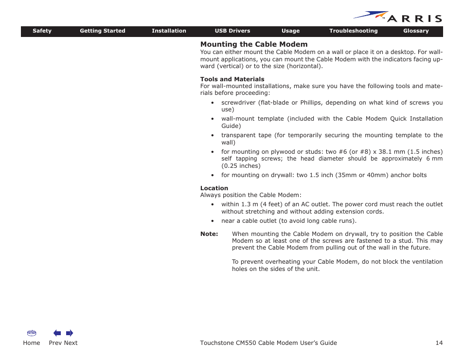 Mounting the cable modem, Home, Prev next | Touchstone cm550 cable modem user’s guide | ARRIS CM550 User Manual | Page 14 / 40