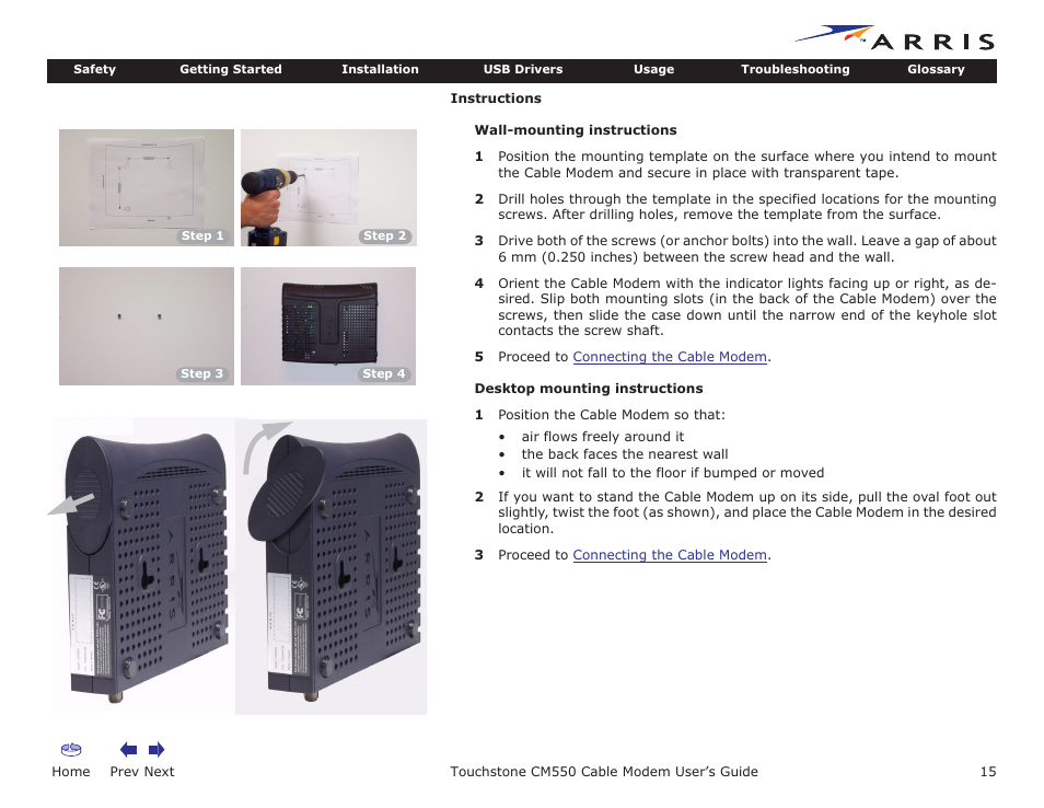 Home, Prev next, Touchstone cm550 cable modem user’s guide | ARRIS CM550 User Manual | Page 15 / 40