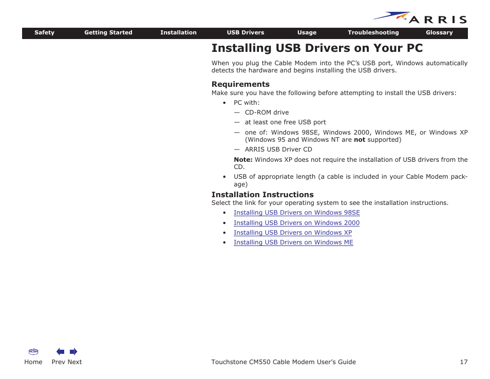 Installing usb drivers on your pc, Requirements, Installation instructions | Usb drivers, Home, Prev next, Touchstone cm550 cable modem user’s guide | ARRIS CM550 User Manual | Page 17 / 40