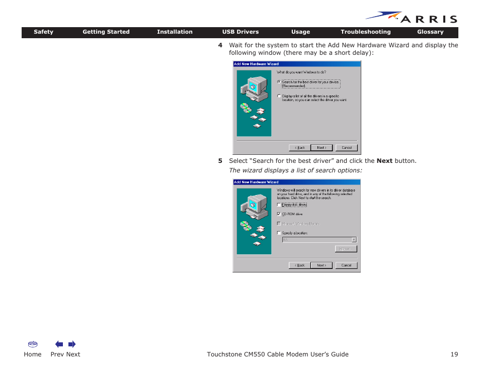 Home, Prev next, Touchstone cm550 cable modem user’s guide | ARRIS CM550 User Manual | Page 19 / 40