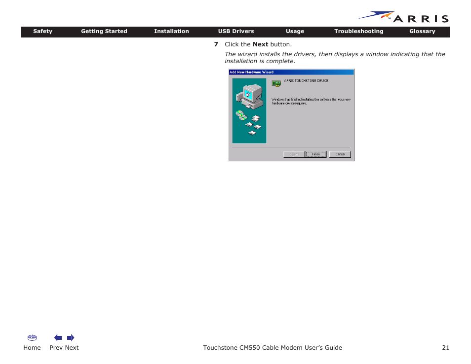 Home, Prev next, Touchstone cm550 cable modem user’s guide | ARRIS CM550 User Manual | Page 21 / 40