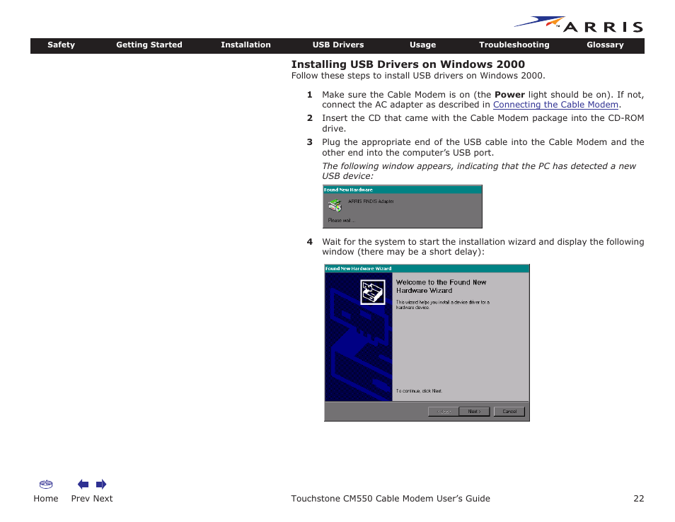 Installing usb drivers on windows 2000, Home, Prev next | Touchstone cm550 cable modem user’s guide | ARRIS CM550 User Manual | Page 22 / 40