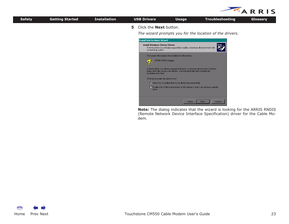 Home, Prev next, Touchstone cm550 cable modem user’s guide | ARRIS CM550 User Manual | Page 23 / 40