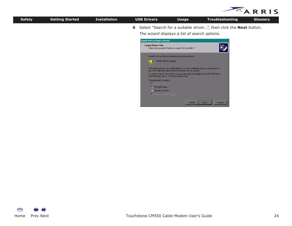 Home, Prev next, Touchstone cm550 cable modem user’s guide | ARRIS CM550 User Manual | Page 24 / 40