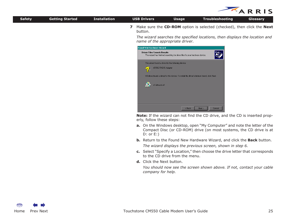 Home, Prev next, Touchstone cm550 cable modem user’s guide | ARRIS CM550 User Manual | Page 25 / 40