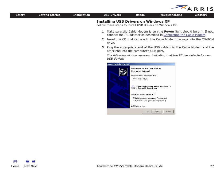 Installing usb drivers on windows xp, Home, Prev next | Touchstone cm550 cable modem user’s guide | ARRIS CM550 User Manual | Page 27 / 40