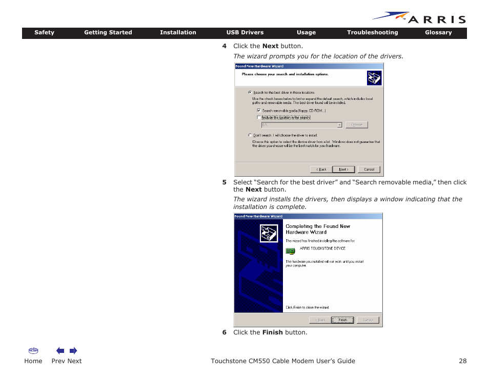 Home, Prev next, Touchstone cm550 cable modem user’s guide | ARRIS CM550 User Manual | Page 28 / 40