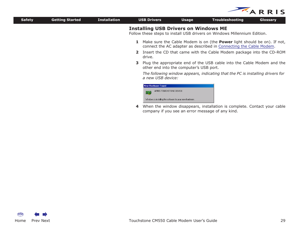 Installing usb drivers on windows me, Home, Prev next | Touchstone cm550 cable modem user’s guide | ARRIS CM550 User Manual | Page 29 / 40