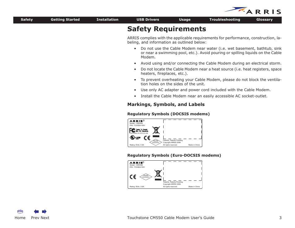 Safety requirements, Markings, symbols, and labels, Home | Prev, Safety | ARRIS CM550 User Manual | Page 3 / 40