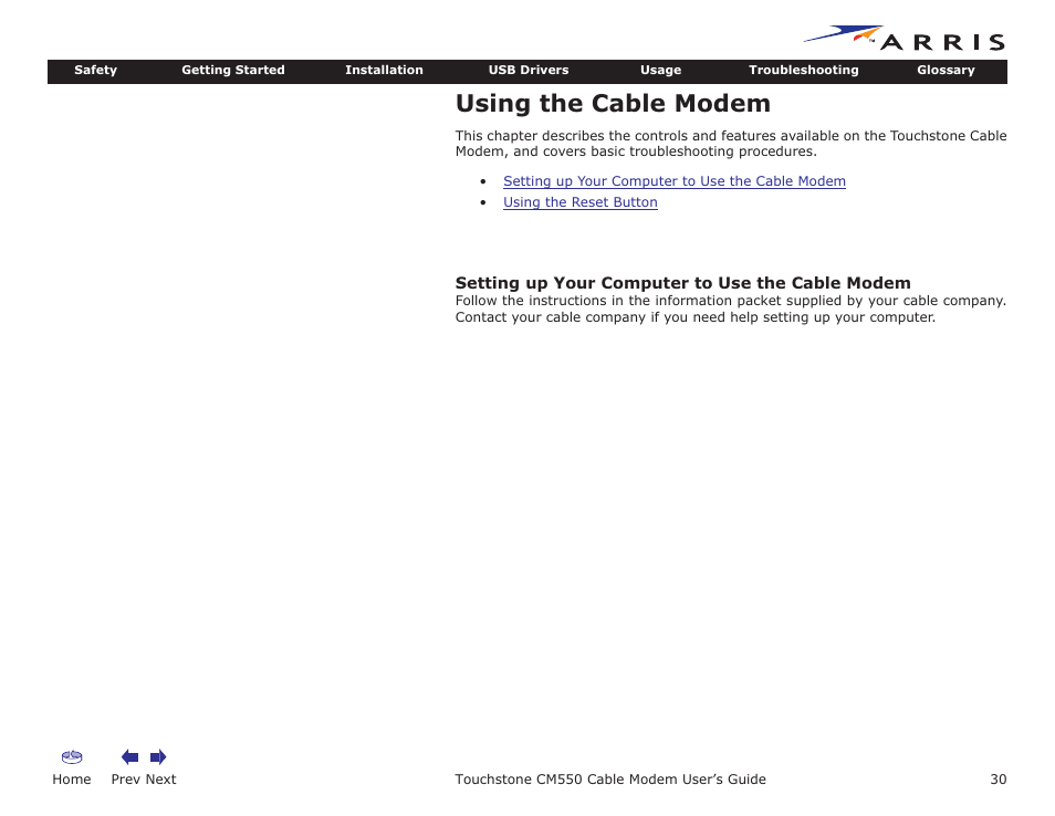 Using the cable modem, Setting up your computer to use the cable modem, Usage | Home, Prev next, Touchstone cm550 cable modem user’s guide | ARRIS CM550 User Manual | Page 30 / 40