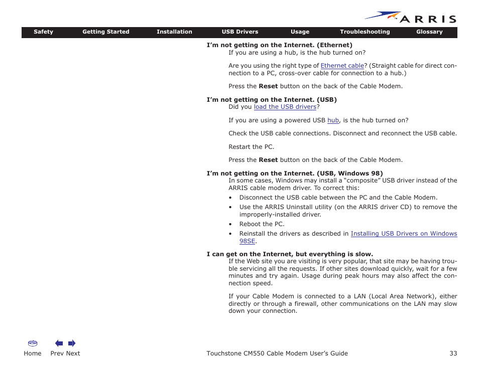 Home, Prev next, Touchstone cm550 cable modem user’s guide | ARRIS CM550 User Manual | Page 33 / 40