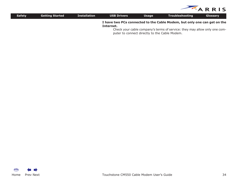 Home, Prev next, Touchstone cm550 cable modem user’s guide | ARRIS CM550 User Manual | Page 34 / 40