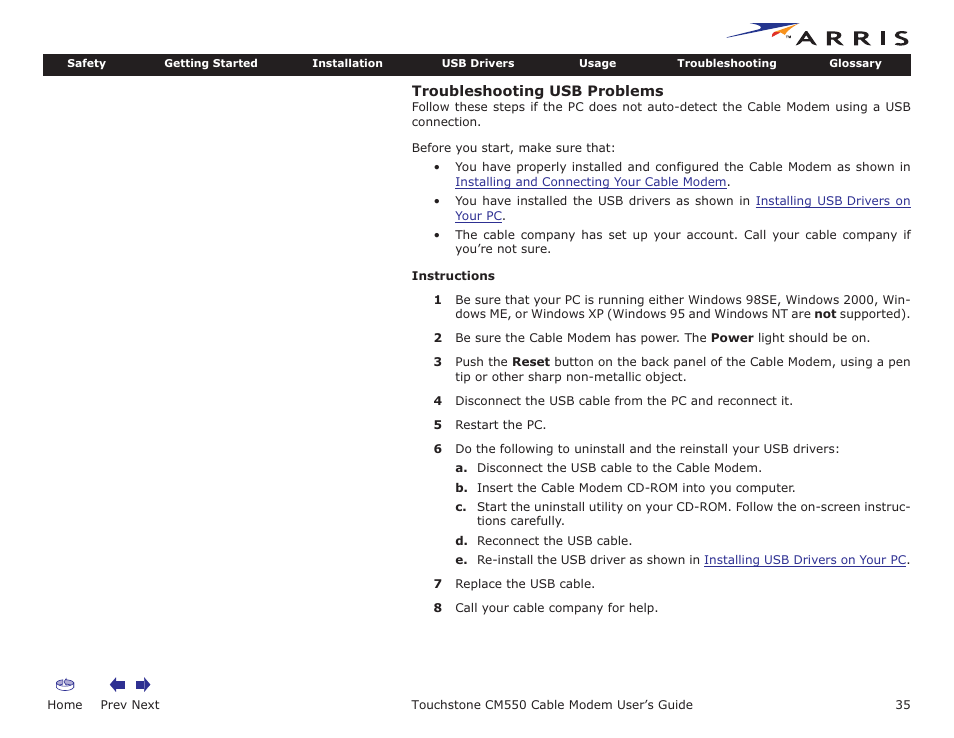 Troubleshooting usb problems, Home, Prev next | Touchstone cm550 cable modem user’s guide | ARRIS CM550 User Manual | Page 35 / 40