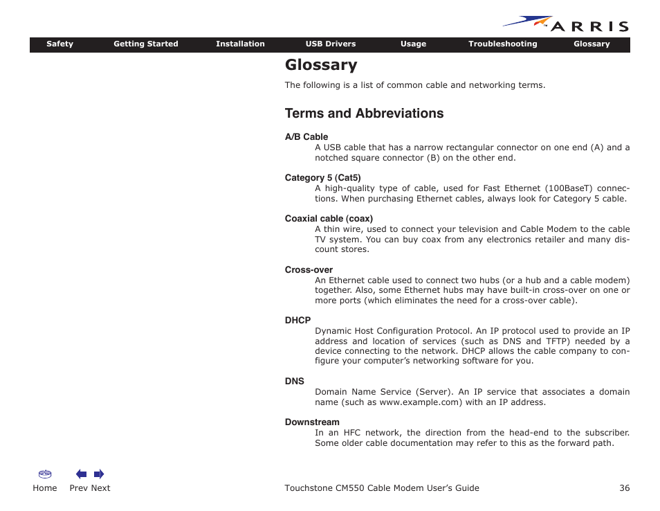 Glossary, Home, Prev next | Touchstone cm550 cable modem user’s guide, Terms and abbreviations | ARRIS CM550 User Manual | Page 36 / 40