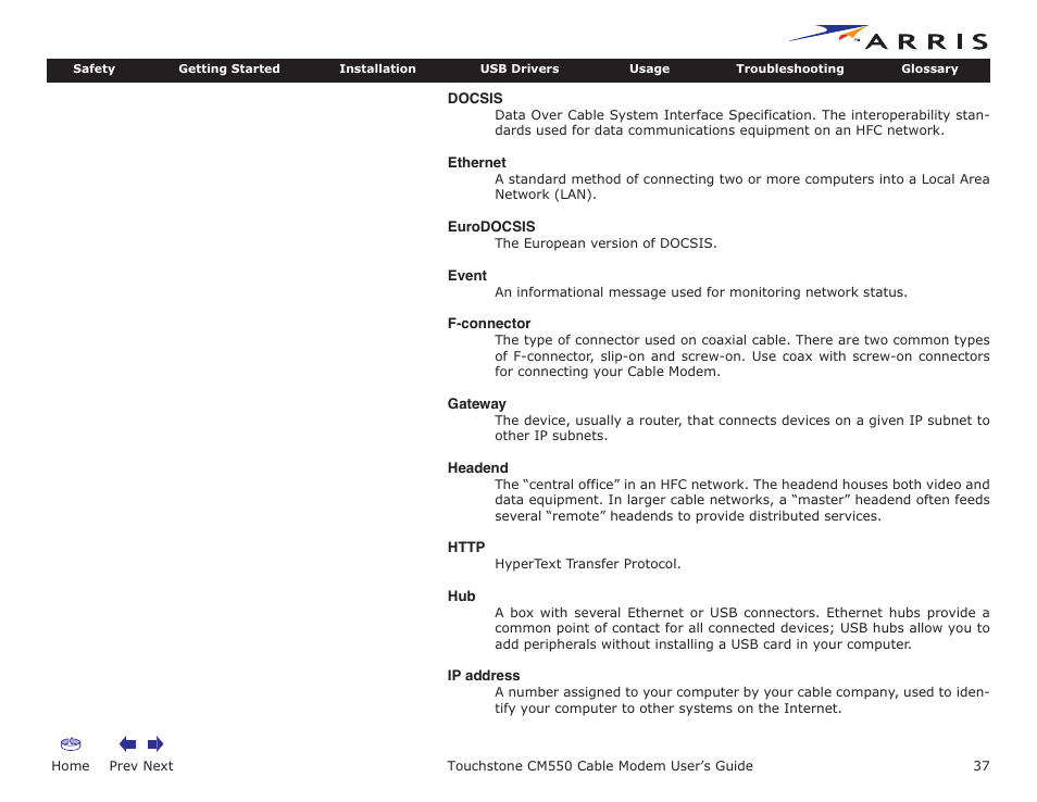 Is the hub turned on, Home, Prev next | Touchstone cm550 cable modem user’s guide | ARRIS CM550 User Manual | Page 37 / 40