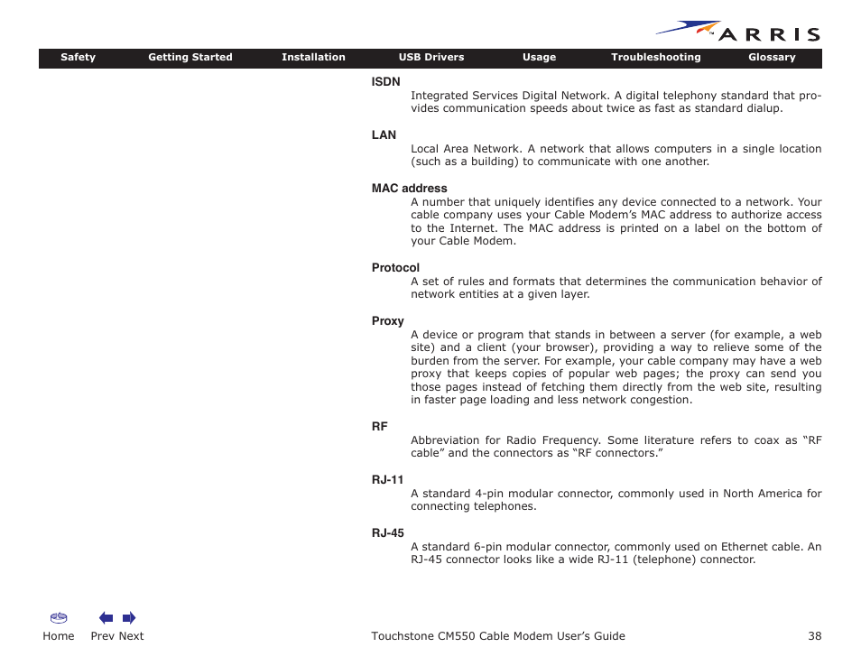 Proxy, Home, Prev next | Touchstone cm550 cable modem user’s guide | ARRIS CM550 User Manual | Page 38 / 40