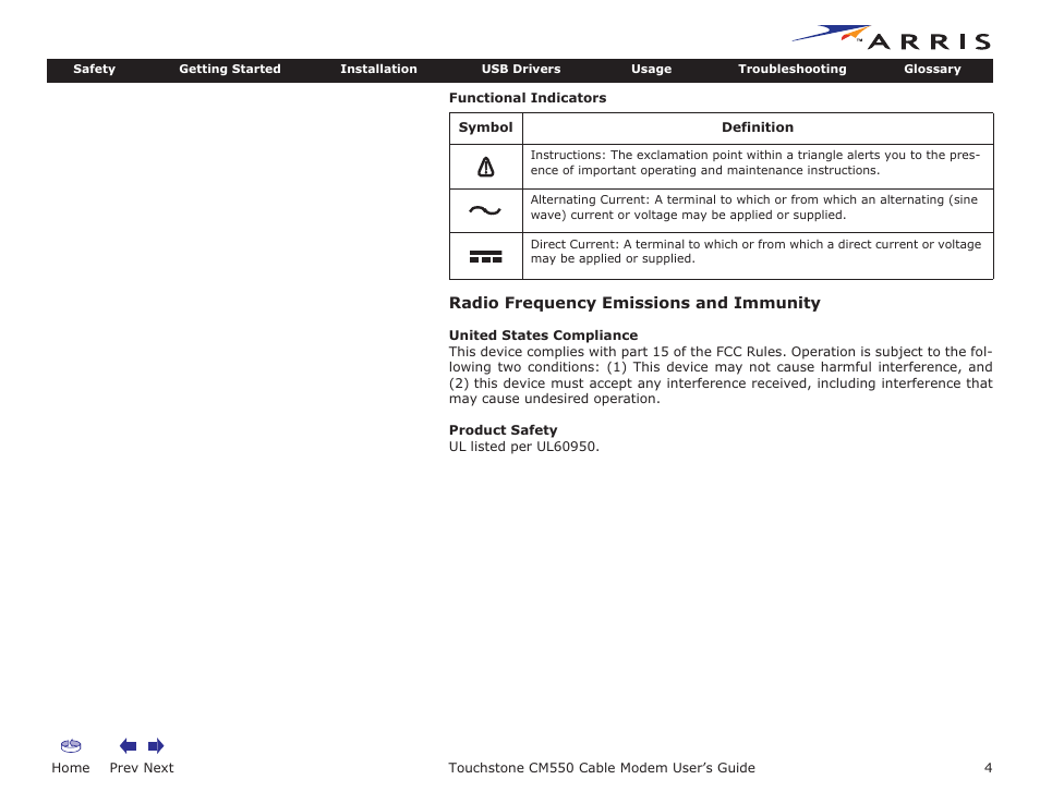 Radio frequency emissions and immunity, Home, Prev next | Touchstone cm550 cable modem user’s guide | ARRIS CM550 User Manual | Page 4 / 40