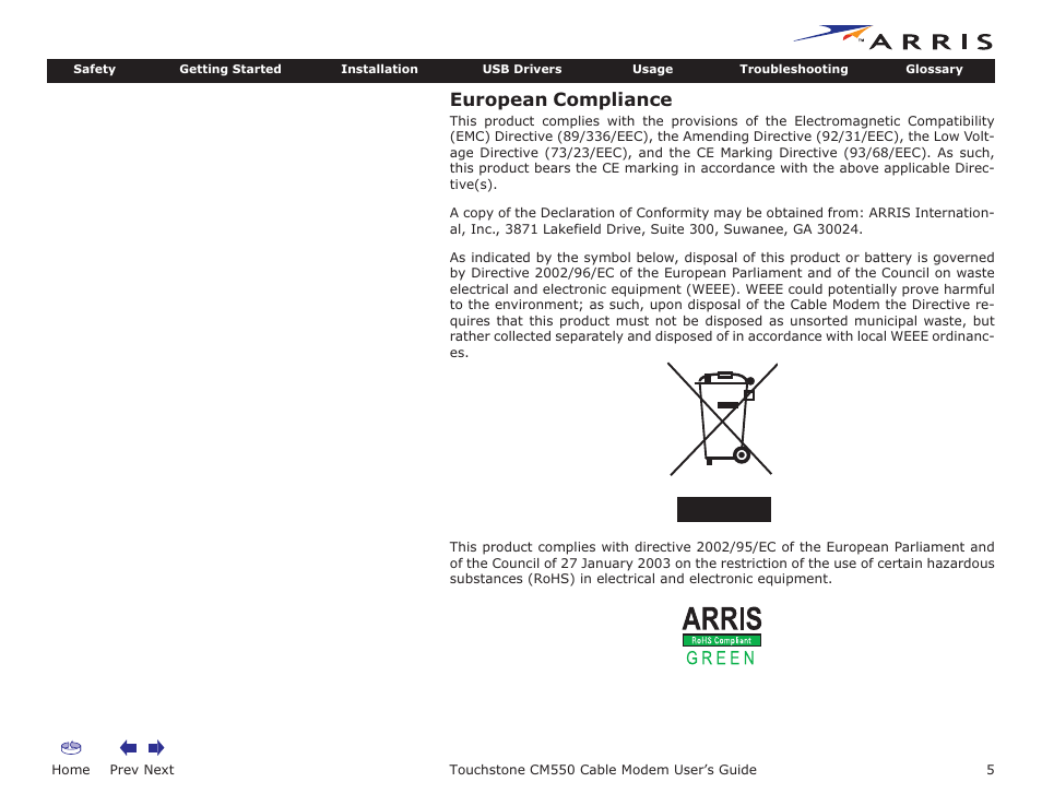 European compliance, Home, Prev next | Touchstone cm550 cable modem user’s guide | ARRIS CM550 User Manual | Page 5 / 40