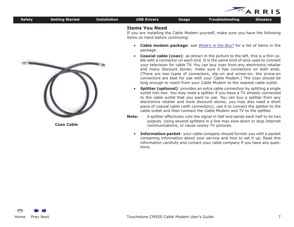 Items you need, Home, Prev next | Touchstone cm550 cable modem user’s guide | ARRIS CM550 User Manual | Page 7 / 40