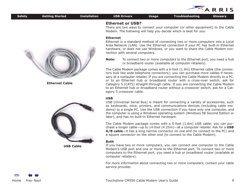 Ethernet or usb, Home, Prev next | Touchstone cm550 cable modem user’s guide | ARRIS CM550 User Manual | Page 9 / 40