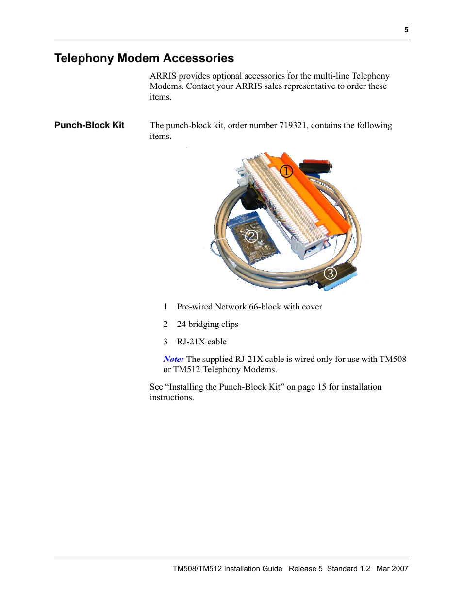 Telephony modem accessories, Punch-block kit, Telephony modem accessories 5 | Punch-block kit 5 | ARRIS TM508 Installation Guide User Manual | Page 15 / 42