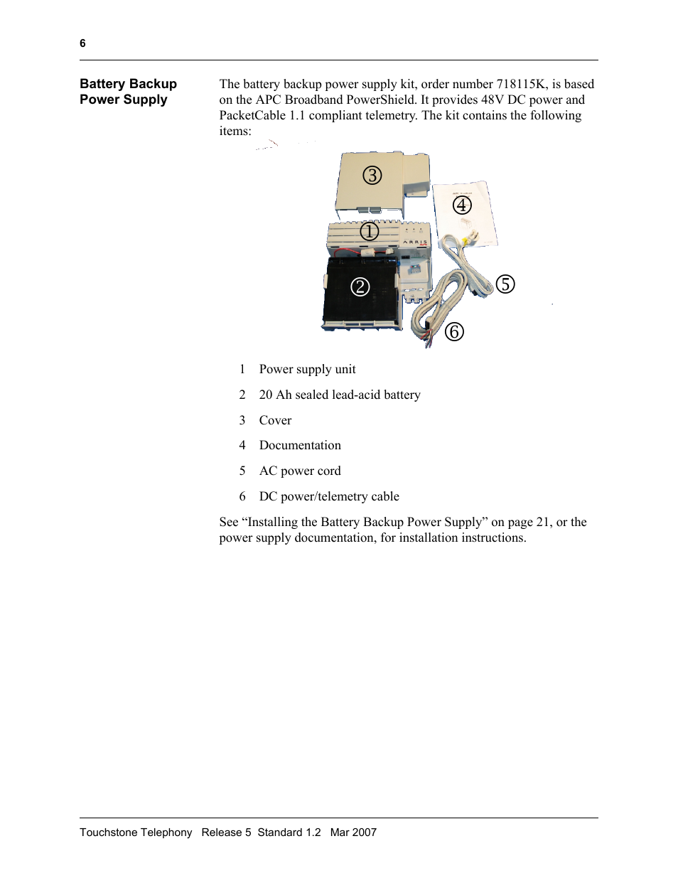 Battery backup power supply, Battery backup power supply 6 | ARRIS TM508 Installation Guide User Manual | Page 16 / 42