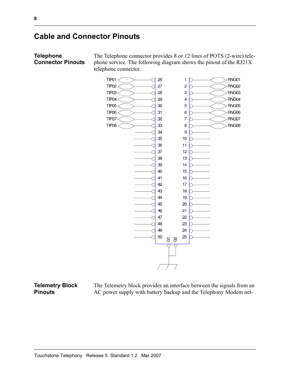 Cable and connector pinouts, Telephone connector pinouts, Telemetry block pinouts | Cable and connector pinouts 8 | ARRIS TM508 Installation Guide User Manual | Page 18 / 42