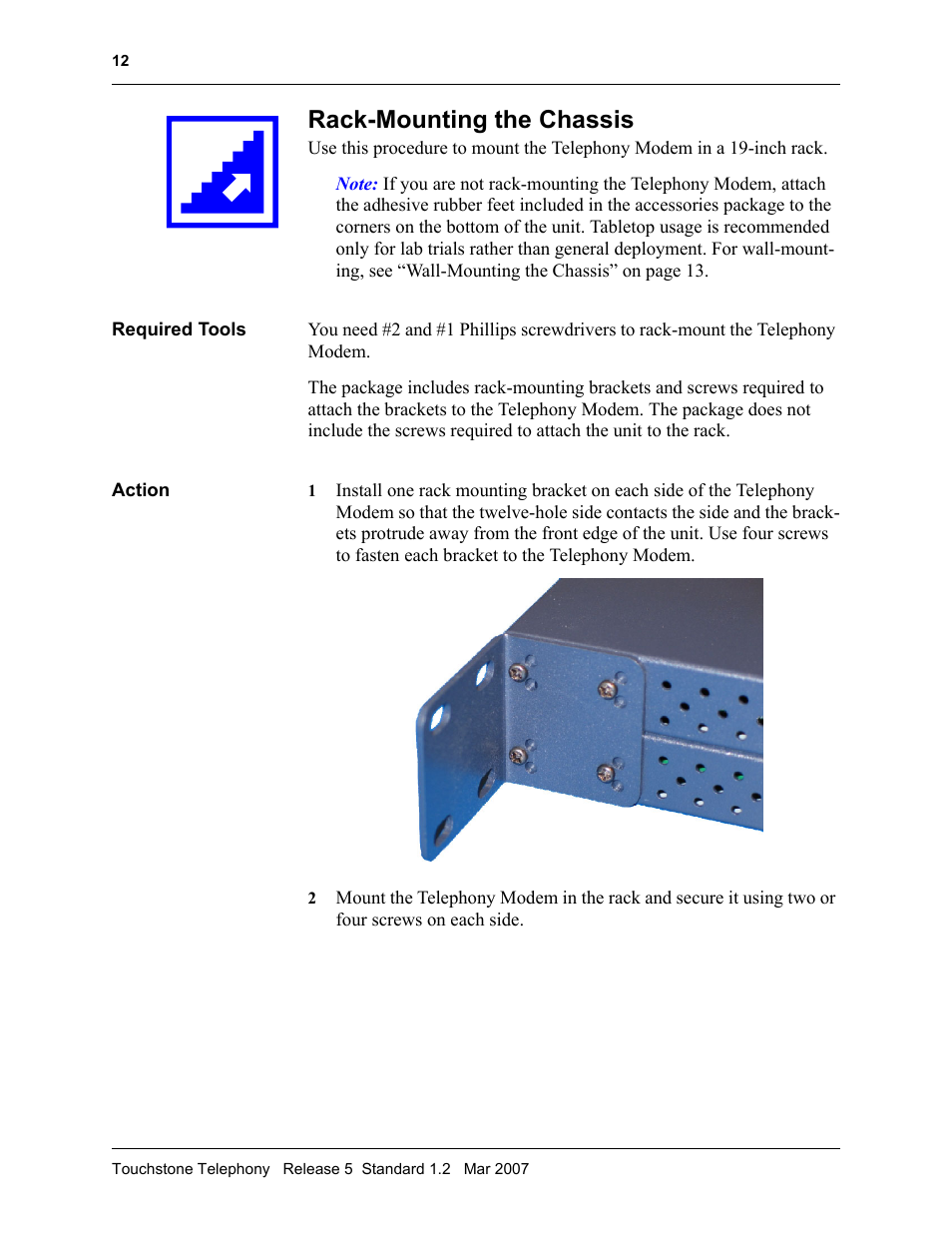 Rack-mounting the chassis, Required tools, Action | Procedure: rack-mounting the chassis 12, Action 12 | ARRIS TM508 Installation Guide User Manual | Page 22 / 42