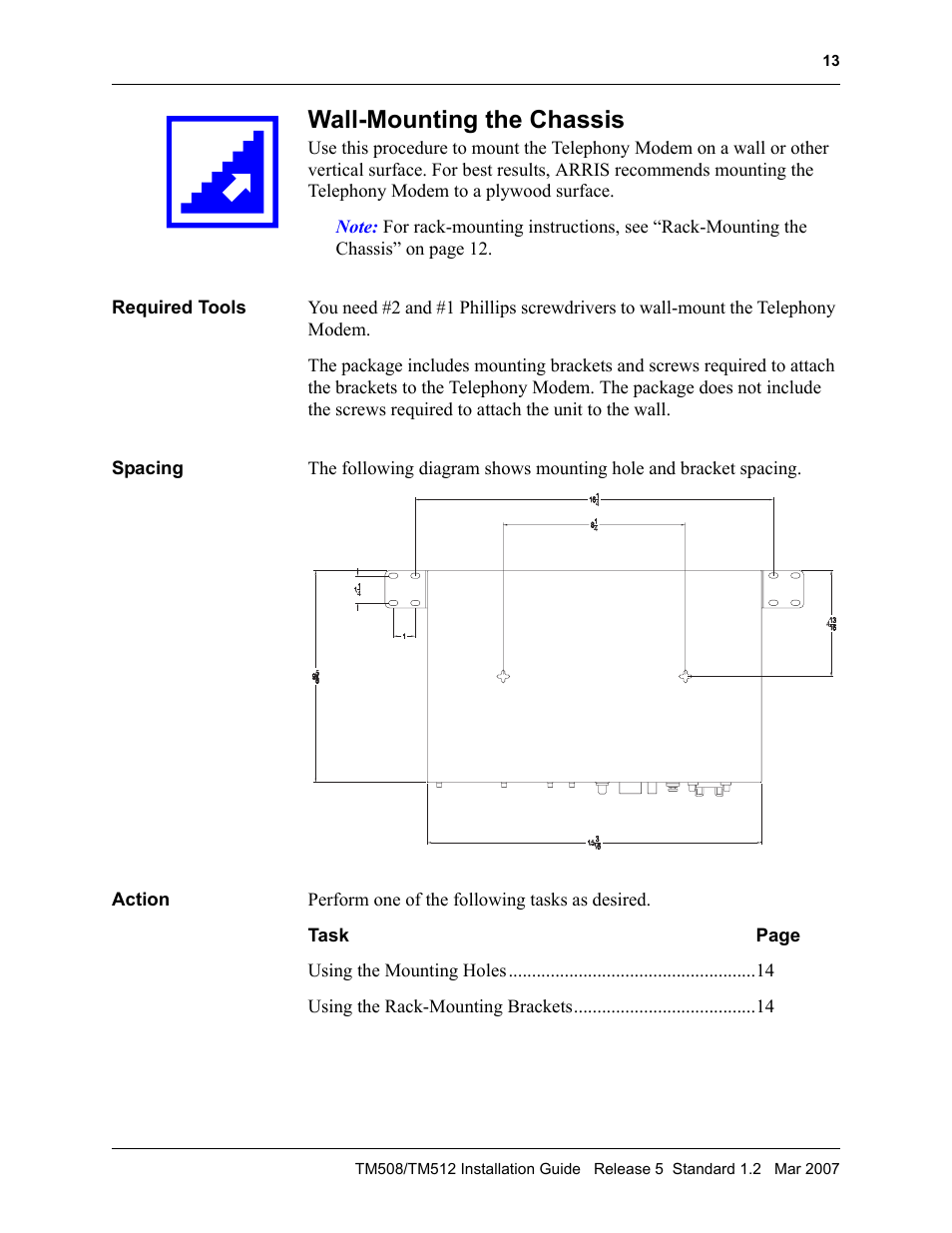 Wall-mounting the chassis, Required tools, Spacing | Procedure: wall-mounting the chassis 13 | ARRIS TM508 Installation Guide User Manual | Page 23 / 42