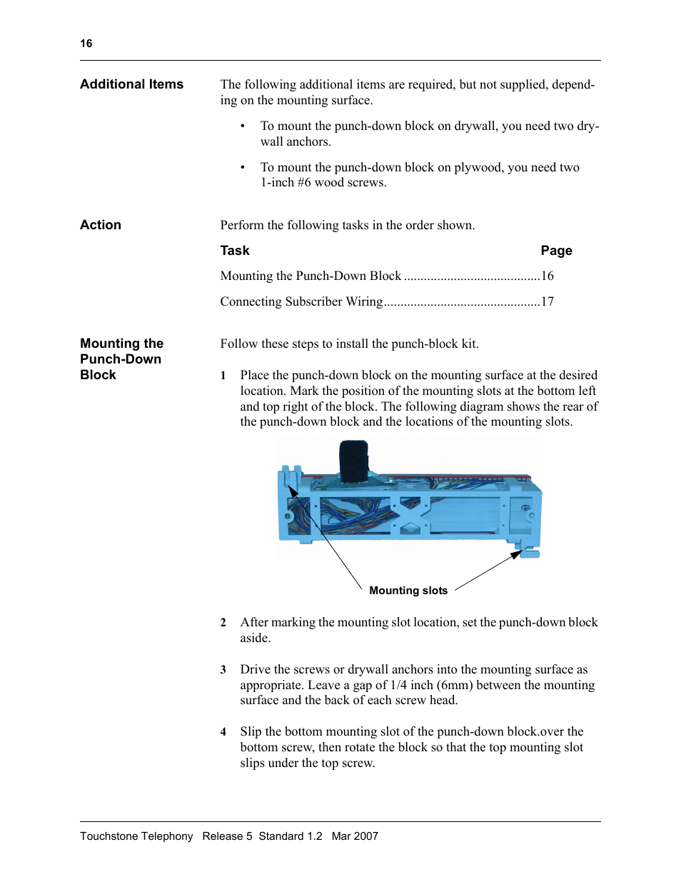 Additional items, Mounting the punch-down block, Mounting the punch-down block 16 | ARRIS TM508 Installation Guide User Manual | Page 26 / 42